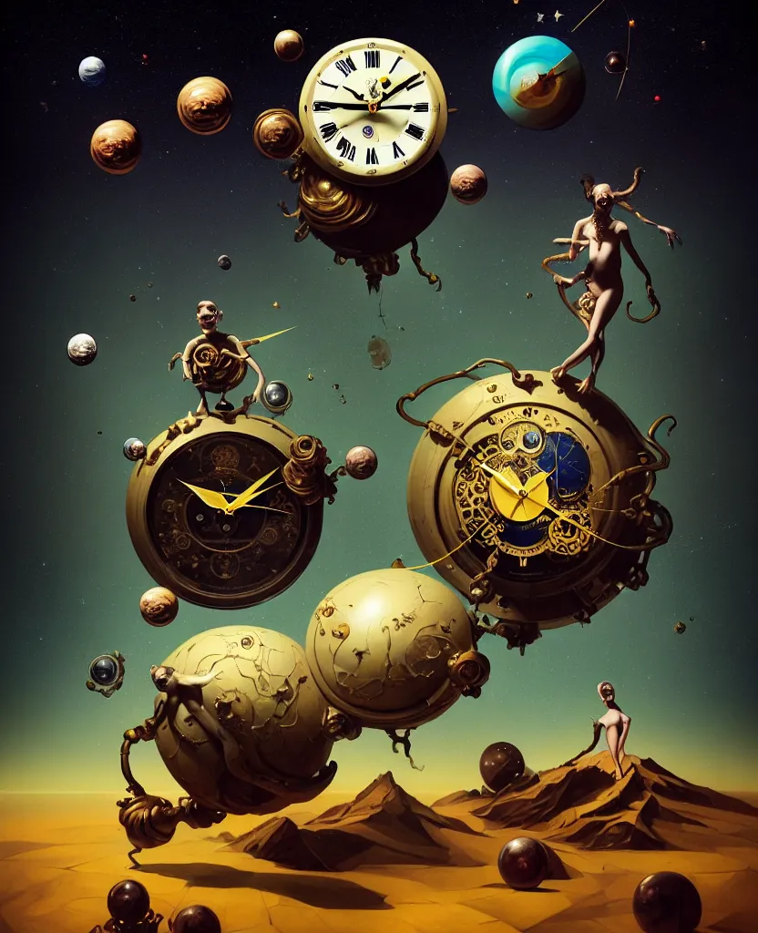 Prompt: duotone surreal illustration 3 / 4 portrait of chimeric monster measuring time on salvadore dali clock in outer space, dark starry background. golden ratio accidental renaissance. by sachin teng and sergey kolesov and ruan jia and heng z. graffiti art, scifi, fantasy, hyper detailed. octane render. concept art. trending on artstation