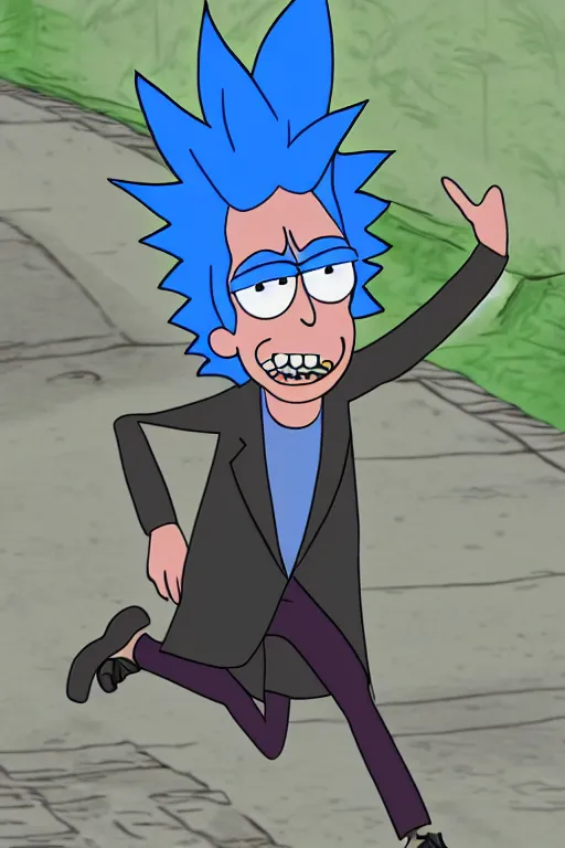 Image similar to hiper-realistic Rick Sanchez from Rick and Morty, running outside, 8k