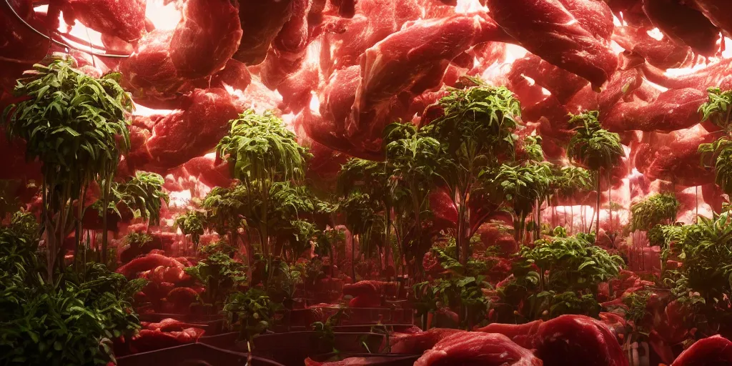 Image similar to plants like meat are irrigated by pipes flowing with milky liquid, central composition, fluid, ultra clear material, volumetric light, lightrays, cinematic, atmospheric, 3 d concept art, octane render, beautiful, cinematic lighting, intricate details.