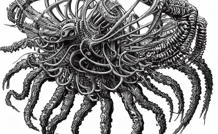 Prompt: sci - fi biomechanical, monster character design, fantasy. intricate jellyfish crab eagle lizard biomechanical. by ernst haeckel