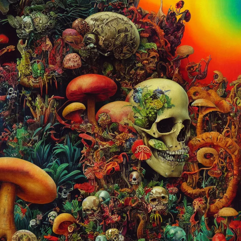 Prompt: a close - up portrait of a tropical skull surrounded by water, colorful fruit, and mushrooms. surrealism. black background. highly detailed science - fiction fantasy painting by norman rockwell, moebius, frank frazetta, syd mead, and stanislaw fernandes. rich colors, high contrast. renaissance masterpiece. artstation