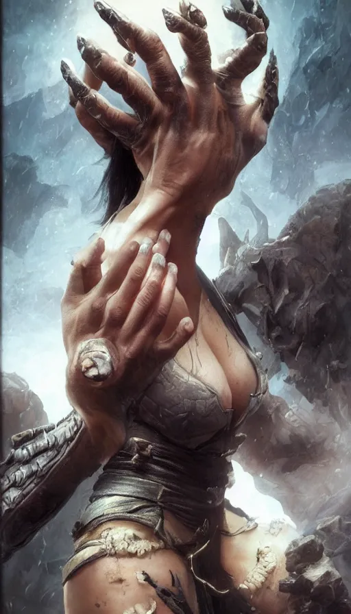 Image similar to epic masterpiece mortal kombat, sweaty skin, hyperrealistic, octane render, cinematic, beautiful face and flawless skin, perfect hands, 5 fingers, by Edgar Maxence and Ross Tran and Michael Whelan, Legends of Runeterra