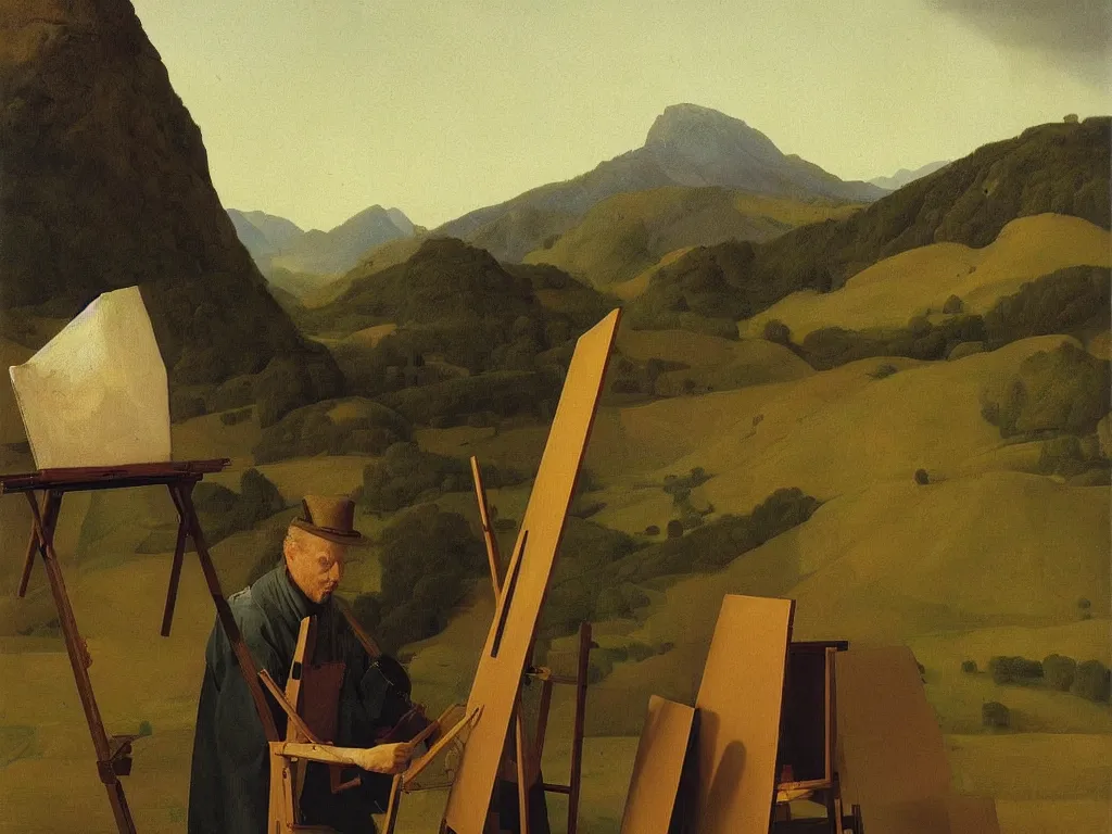 Image similar to portrait of a abstract painter at his easel, canvas. landscape with mountains far away. painting by jan van eyck, august sander. agnes pelton