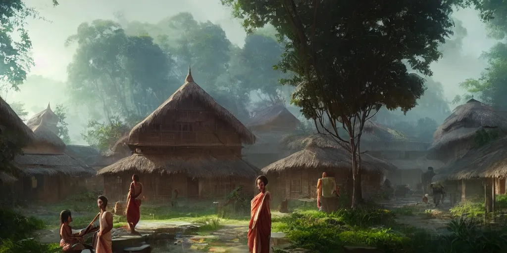 Image similar to kerala village, sharp focus, wide shot, trending on artstation, masterpiece by greg rutkowski by ross tran by fenghua zho