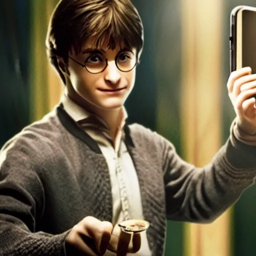 Prompt: movie screenshot of attractive harry potter holding an iphone in hogwarts, human face