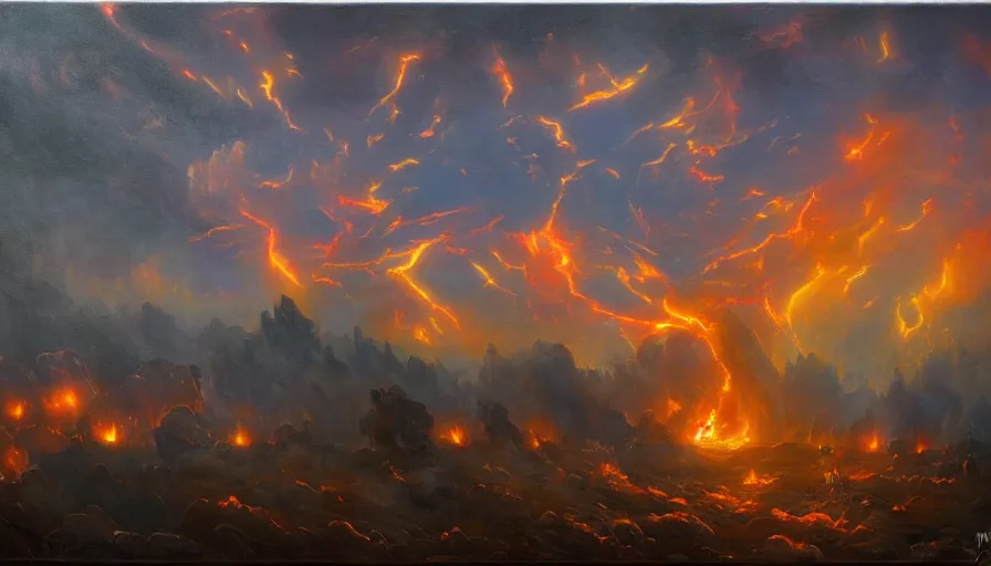 Image similar to a cubic landscape with fire in the sky, ghostly figures, by mariusz lewandowski