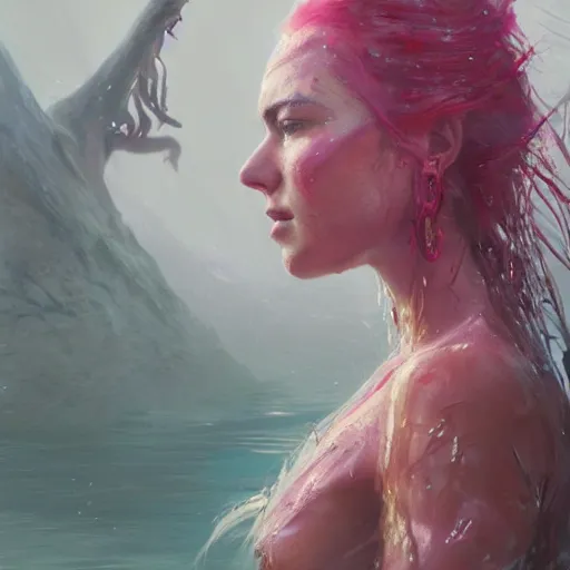 Prompt: an beautiful female survivor wearing a pink shirt, goddess, wet flowing hair, blurry backround, artstation, matte painting, made by greg rutkowski, concept art, epic portrait, 8 k, insanely detailed,