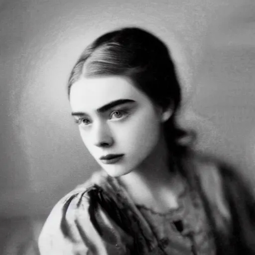 Image similar to headshot edwardian photograph of elle fanning, lily collins, scarlett johansson, 1 9 2 0 s film actress, realistic face, ethereal, 1 9 1 0 s, grainy, victorian, soft blur