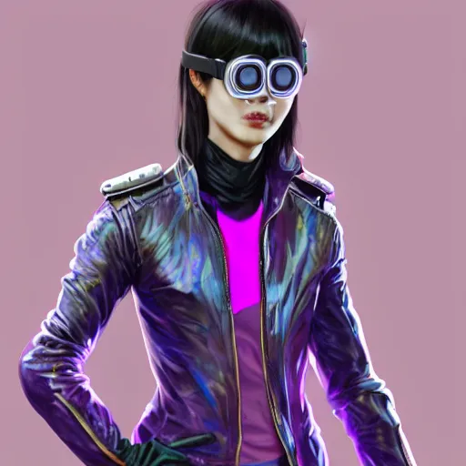 Prompt: full body of Korean female wearing VR goggles and futuristic short violet leather jacket, torn 1980s tank top underneath jacket, intricate, elegant, highly detailed, digital painting, artstation, concept art, smooth, sharp focus, illustration, art by artgerm and greg rutkowski and alphonse mucha