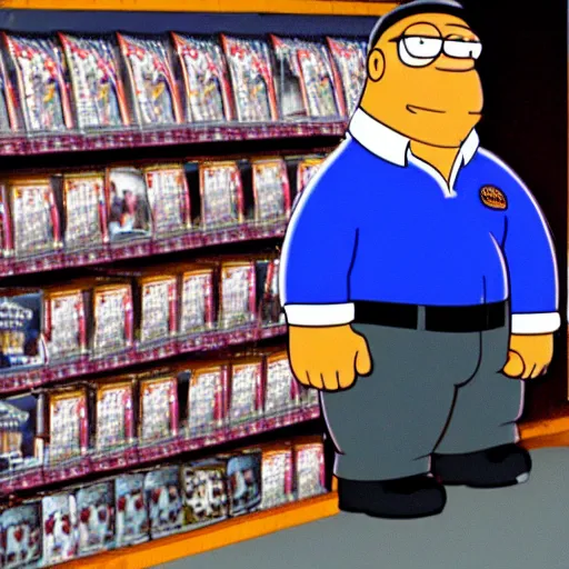 Prompt: realistic peter griffin standing in a video store in 2 0 0 2.