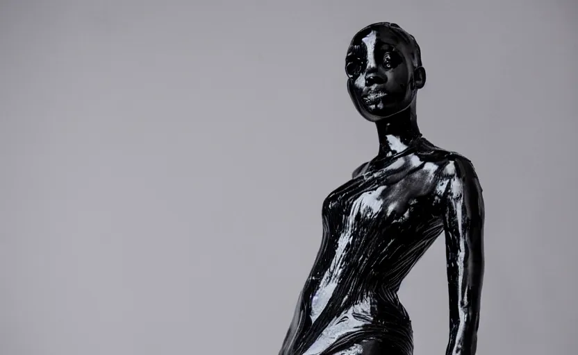 Prompt: extremely beautiful female black statue wearing avant garde huge distorted comme de garcon haute couture gown in the style of rei kawakubo, couture, avant garde, the model is a black glossy marble statue, vogue, fashion, runway, collection, beautifully lit, glossy, hd, 4 k, 8 k, extremely clear focus, sharp, award winning fashion photograph