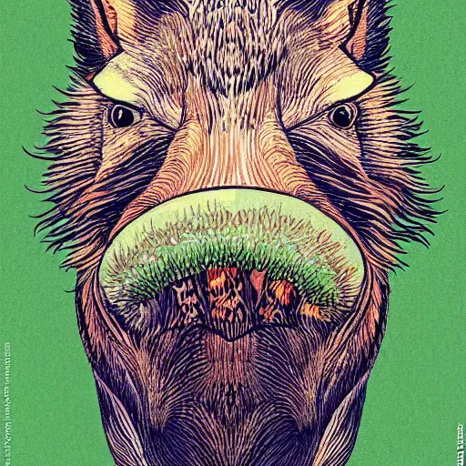 Image similar to illustration of symmetrical wild boar with mushrooms on face, in the style of moebius and studio ghibli and vincent van gogh