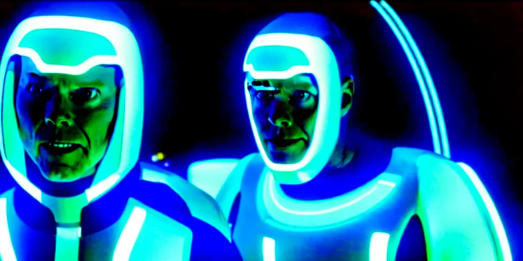 Image similar to a film still of Bill burr in Tron, high quality