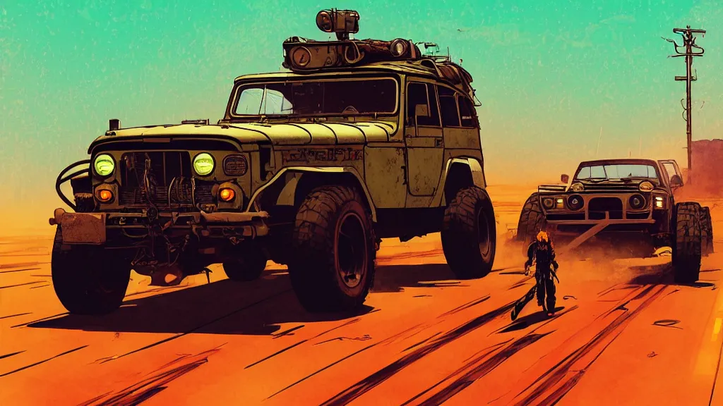 Image similar to digital illustration of mad max's fj 4 0 pursuit special, the last v 8 interceptor driving down a deserted cyberpunk highway in the middle of the day by studio ghibli, anime style year 2 0 9 3, by makoto shinkai, ilya kuvshinov, lois van baarle, rossdraws, basquiat