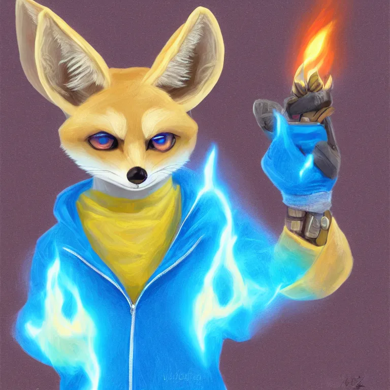 Prompt: Anthropomorphic fennec fox fursona character wearing a blue sweatshirt and holding fireballs, portrait, furry fandom, furaffinity, digital painting