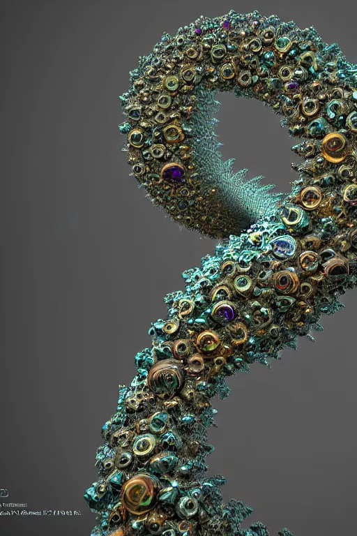 Prompt: a recursive spiral fractal made of scrap metal and glowing sphrerical gemstones and leaves and feathers, 3 d, trending on artstation, octane render, 8 k