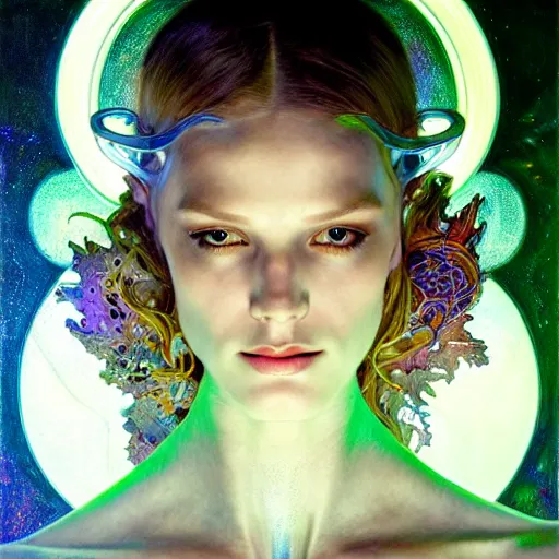 Image similar to psychedelic organic cyborg, white holographic plastic, dramatic lighting, fantasy, intricate, elegant, highly detailed, lifelike, photorealistic, digital painting, artstation, illustration, smooth, sharp focus, art by john collier and albert aublet and krenz cushart and artem demura and alphonse mucha