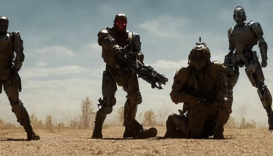 Prompt: Big budget movie about a cyborg fighting descarte's evil demon while a soldier shoots them both with a minigun