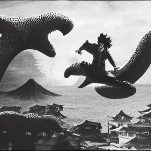 Image similar to a couple escaping from a giant Kaiju Starfish Monster over a traditional Korean village, minimal cinematography by Akira Kurosawa, movie filmstill, film noir, thriller by Kim Jong-il and Shin Sang-ok