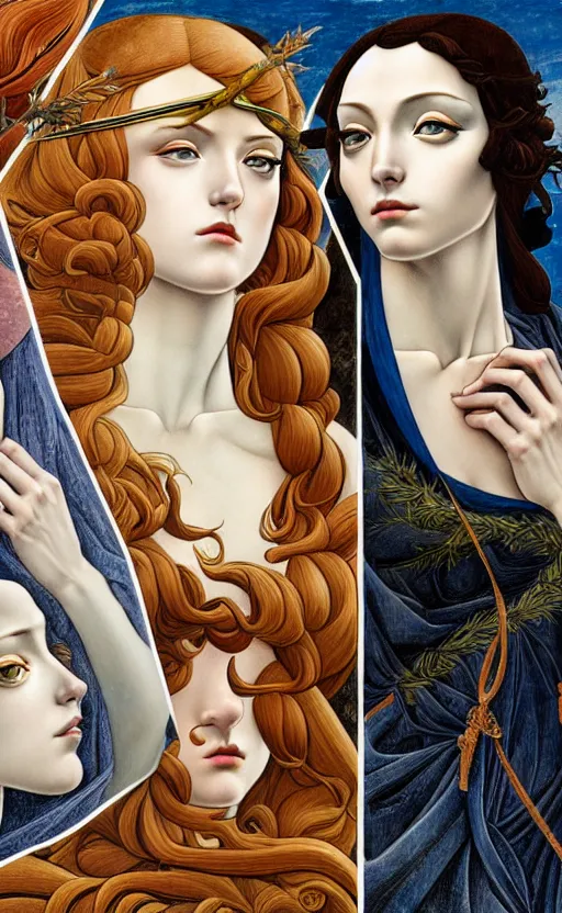 Prompt: 3 figures representing Winter, in a mixed style of Botticelli and Æon Flux, inspired by pre-raphaelite paintings and shoujo manga, symbolic, dramatic composition, hyper detailed, stunning inking lines, flat colors, 4K photorealistic