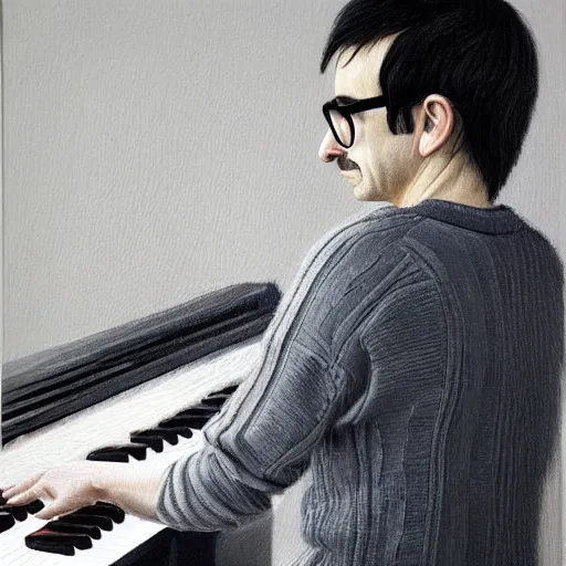 Image similar to An Oil Painting of the back view of Rivers Cuomo in a sweater with long hair and a mustache masterfully playing the piano, hyperrealistic, extremely realistic, highly realistic, HD Quality, 4k resolution, 8k resolution, Detailed, Very Detailed, Highly Detailed, Extremely Detailed, Intricate Details, Real, Very Real, Oil Painting, Digital Painting, Painting, Trending on Deviantart, Trending on Artstation