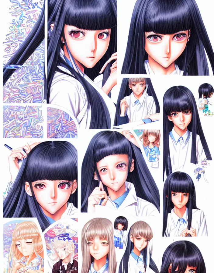 Image similar to extremely detailed color ink pen graphic novel  illustration of a dainty young truant female stoner prep highschool school student with medium length silky straight iridescent black hair and lightly suntanned skin, illustrated by Artgerm and Range Murata.