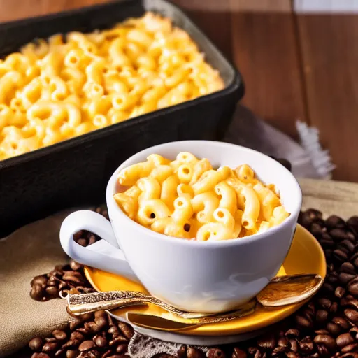 Prompt: a hyper realistic photo of a living box of mac and cheese holding a cup of coffee