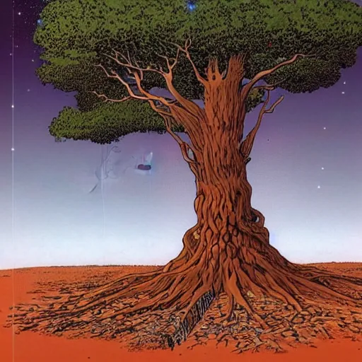 Prompt: a large tree rooted in a rough diamond planet floating in space, by moebius