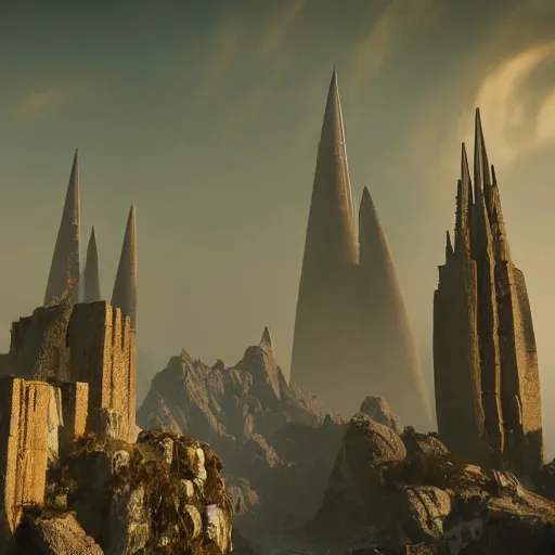 Image similar to a gigantic brutalist ancient tower, a detailed structure with at the top 3 spires in form of a trident, 6 0 0 hundred meters tall set against sunlit, all surrounded by smoke, mountains and a huge old city, 8 k, art station, ultra realistic, cinematic composition, style of weta, in the style of ilm