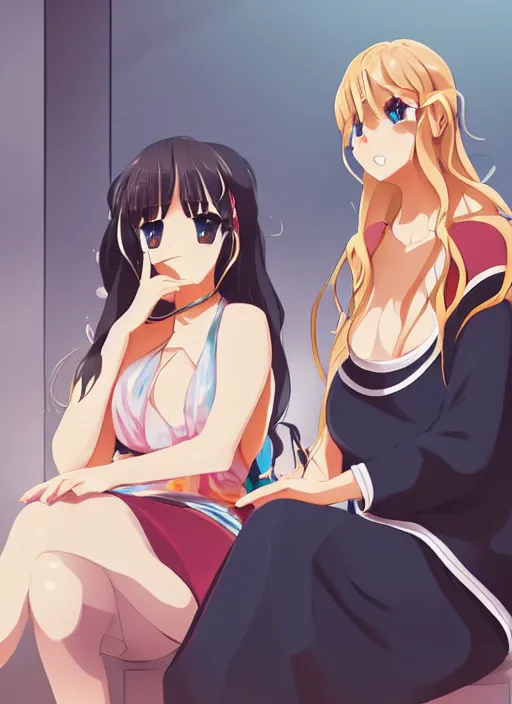 Image similar to two beautiful mothers sitting across from each other, summer clothes, gorgeous faces, thick lines, cinematic lighting, detailed anime art