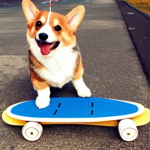 Prompt: corgi on a skateboard, cute, happy, realistic