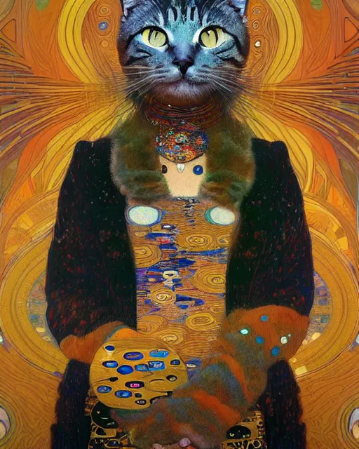 Image similar to cool cat portrait an oil painting splashes with many colors and shapes by gustav klimt greg rutkowski and alphonse mucha, polycount, generative art, psychedelic, fractalism, glitch art