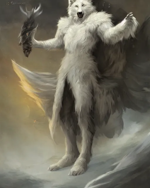 Prompt: a anthropomorphic wolf king with white fur. Renowned character illustration by by Edgar Maxence and Ross Tran