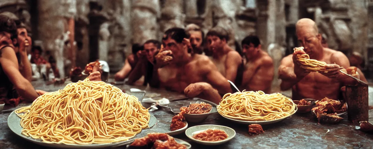 Prompt: ancient romans gladiators eating big bowl of spaghetti!!!!, architectural, minimal, canon 5 0 mm, wes anderson film, kodachrome, retro