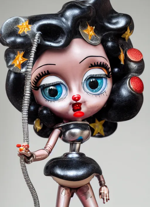 Image similar to closeup of a tin toy betty boop, depth of field, zeiss lens, detailed, symmetrical, centered, fashion photoshoot, by nicoletta ceccoli, mark ryden, lostfish, earl nore, hyung tae, frank frazetta, breathtaking, 8 k resolution, extremely detailed, beautiful, establishing shot, artistic, hyperrealistic, octane render