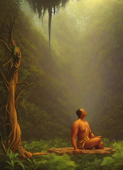 Prompt: an indigenous man sitting and praying in the jungle, while ghosts of his ancestors watch over him, art by christophe vacher