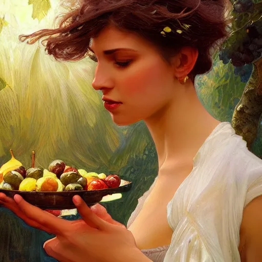 Prompt: mesopotamian eve eating fruit from the tree of knowedge of good and evil in the gardnen of eden, highly detailed, digital painting, artstation, concept art, smooth, sharp focus, illustration, artstation, art by artgerm, greg rutkowski, alphonse mucha, ilya repin and charlie bowater