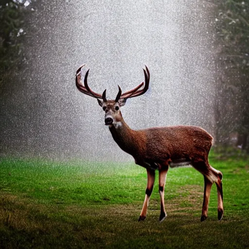 Prompt: 4 k hdr wide angle detailed portrait of a deer as a human instagram model soaking wet standing in the rain shower during a storm with thunder clouds overhead and moody stormy lighting sony a 7