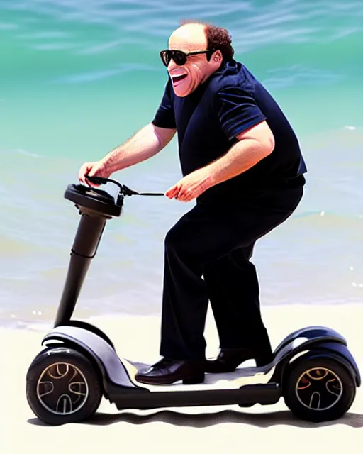 Image similar to Danny Devito as Gob in Arrested Development, riding on a Segway on the beach