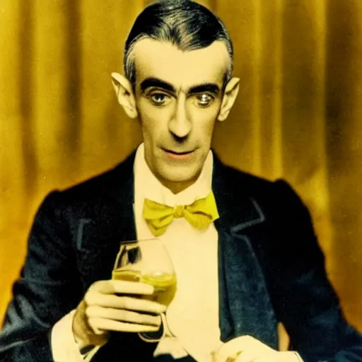 Prompt: colorized photo of Maurice Ravel drinking a glass of yellow liquid