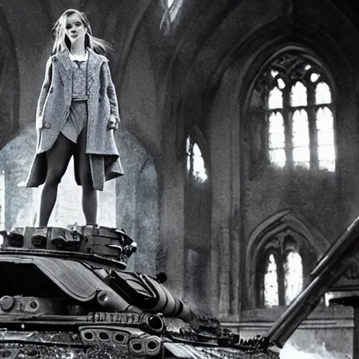 Image similar to Photo of Emma Watson on top of a tank in Hogwarts, establishing shot