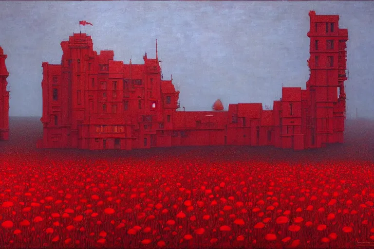 Prompt: only with red, red flowers of different types, red big fat goblins, red castle in background, in the style of beksinski, parts by edward hopper, parts by rodcenko, parts by yue minjun, intricate and epic composition, red by caravaggio, insanely quality, highly detailed, masterpiece, red light, artstation, 4 k