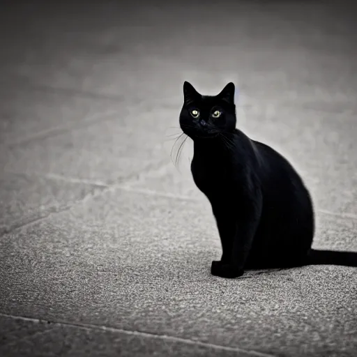 Prompt: Photo of a sitting black cat with an evil expression, sigma 50mm, ƒ/8, focal length: 50mm, hyper detailed.