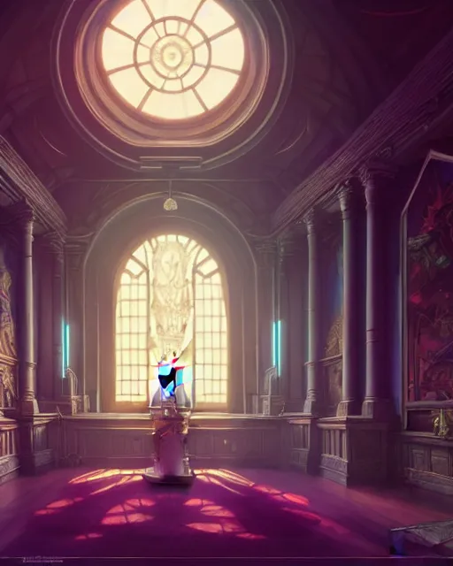 Image similar to highly detailed surreal vfx great hall, stephen bliss, unreal engine, greg rutkowski, loish, rhads, beeple, makoto shinkai and lois van baarle, ilya kuvshinov, rossdraws, tom bagshaw, alphonse mucha, global illumination, detailed and intricate environment