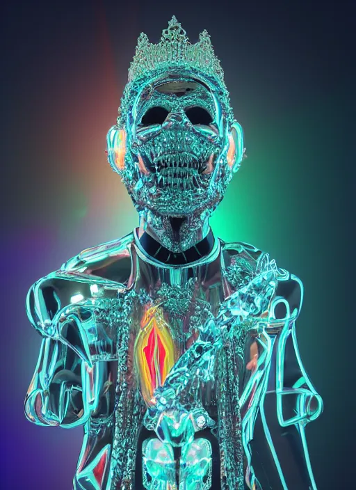 Image similar to photo of baroque and bladerunner delicate neon diamond sculpture of seductive ceramic albino king kit butler dotado creamy orange iridescent humanoid deity wearing white fluffy hoody holding diamond skull in a black metallic dungeon, reclining, glowing rainbow face, crown of white diamonds, cinematic lighting, photorealistic, octane render 8 k depth of field 3 d
