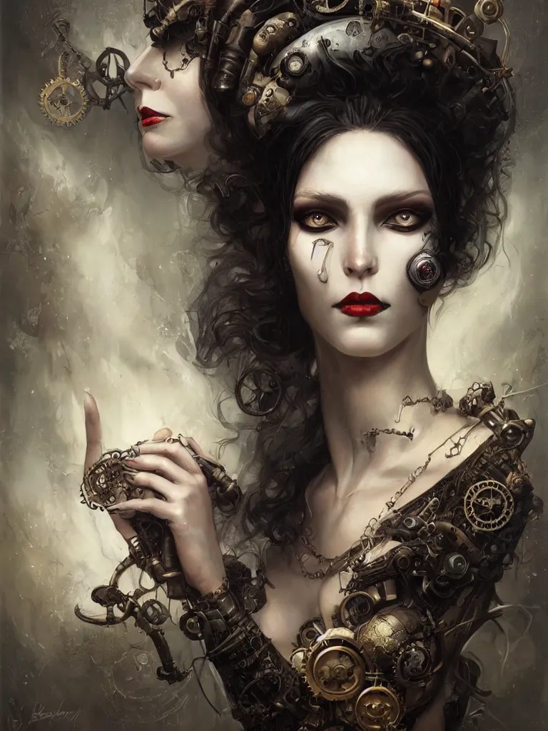 Image similar to a steampunk portrait of a hideous woman with shadowy eyes and bonewhite hair, with black glossy lips, hyperrealistic, award-winning, masterpiece, in the style of Tom Bagshaw, Cedric Peyravernay, Peter Mohrbacher