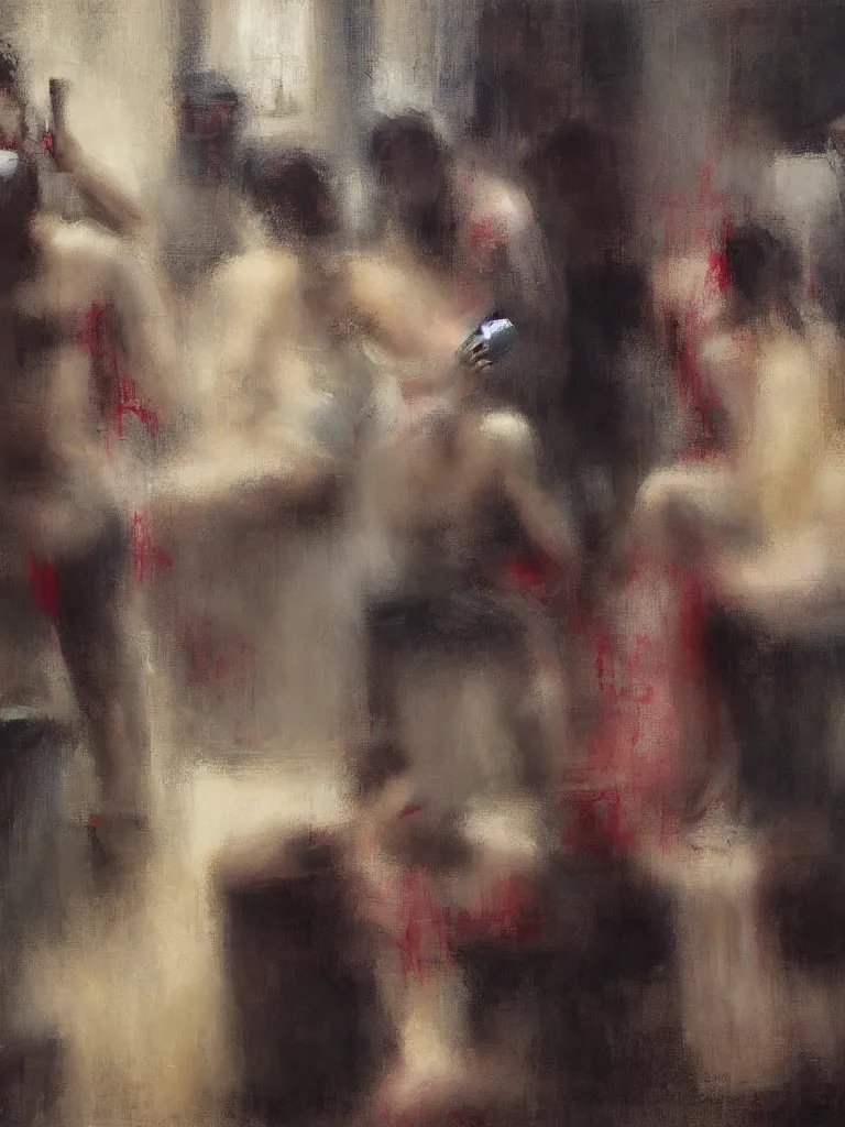 Image similar to a beautiful painting by mark tennant of people looking at their phone in a bathroom, color bleeding, brushstrokes by jeremy mann