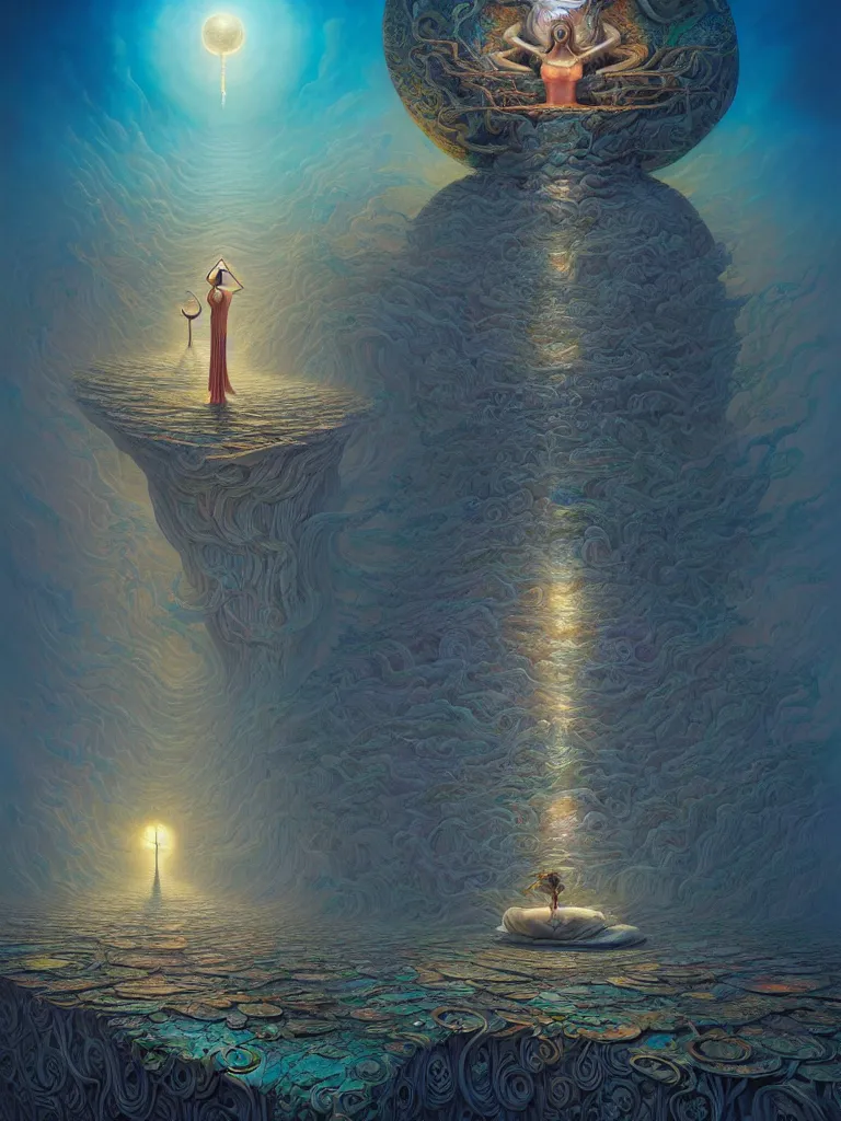 Image similar to the surreal goddess of dreams by carol bak, jacek yerka, gediminas pranckevicius, alex gray, dan mumford and h. r. giger, digital painting, octane rendered, crepuscular rays, neon cyberpunk colors, cinematic, trending on artstation