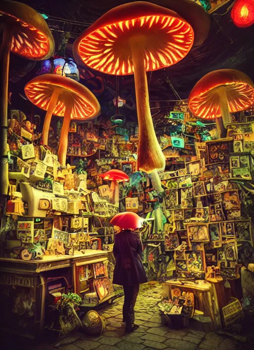 Prompt: a lively and whimsical dark fungal pawn shop, cinematic framing, wide angle, rain lit, kawaii shop grows from the stalk of a giant mushroom, cgsociety, siggraph, dystopian scifi, concept art, set design, oleg oprisco, conrad roset, anka zhuravleva, gediminas pranckevicius, cornell, kawasaki