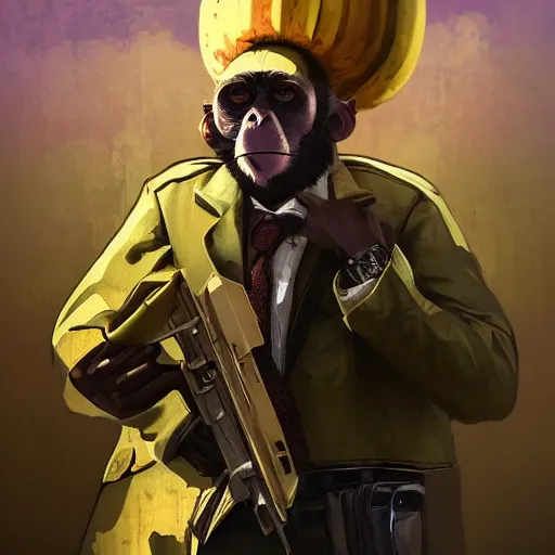 Image similar to [Monkey as president of Banana as GTA character, propaganda!, closeup, D&D, intricate, elegant, highly detailed, digital painting, artstation, concept art, matte, sharp focus, illustration, art by Artgerm and Greg Rutkowski and Alphonse Mucha and Enki Bilal]